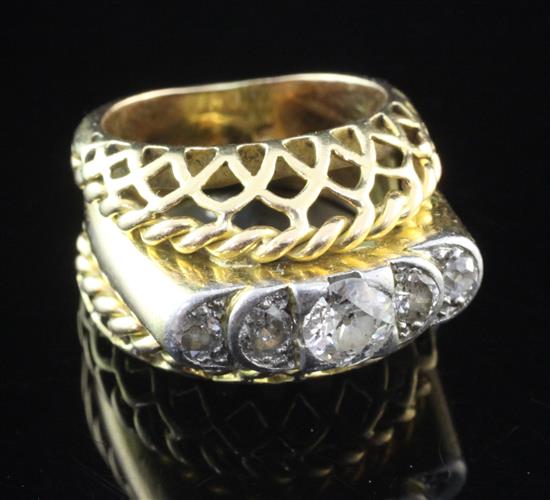 A mid 20th century triple band gold and five stone diamond set dress ring, size M,.